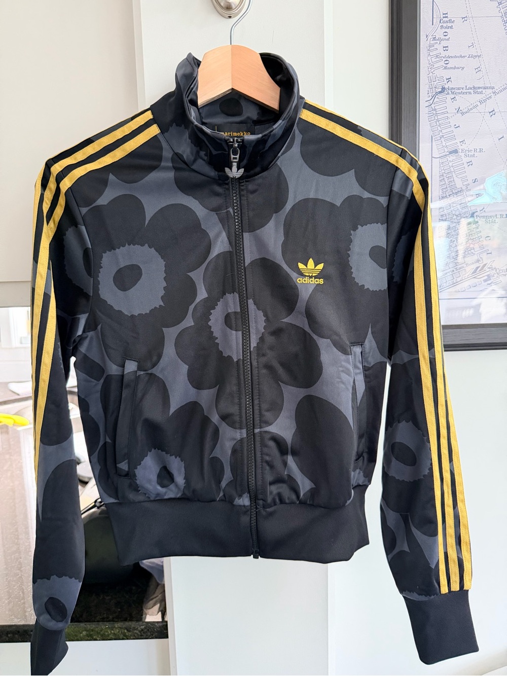 adidas Marimekko Black Floral-Print Track Jacket with Yellow Logo